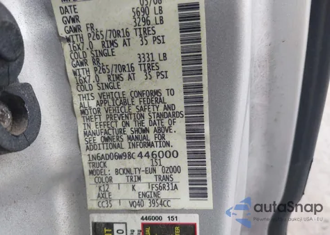 2008 Nissan Frontier Se from USA, damaged, VIN 1N6AD06W98C446000